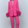 Zara Iconic Fuchsia Pink Blazer and Trousers Suit Set with Statement Feather Cuffs Image 2