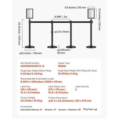 Stanchion Post, 8 Pcs Crowd Control Barrier with 8 Retractable Belts & 2 Sign Holders, Carbon Steel Stanchion Post Queue with Sand Injection Hollow Base for Theater, Party, Wedding, Exhibition