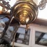 Beautiful Old Large Antique Hanging Brass and Milk Glass Oil Lamp, Converted to Electric Image 8