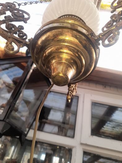 Beautiful Old Large Antique Hanging Brass and Milk Glass Oil Lamp, Converted to Electric