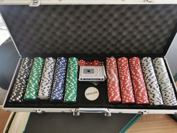 Poker Table Top And Case Of Chips.