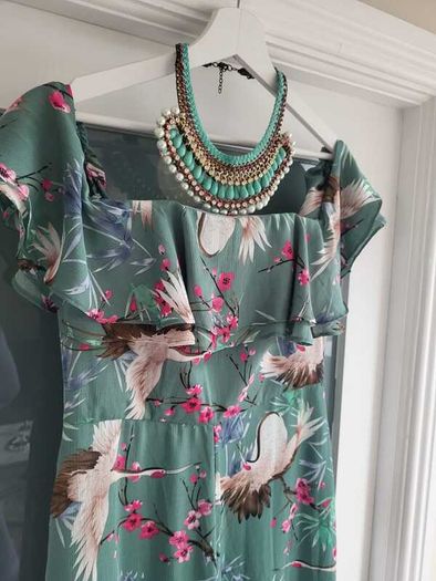 FOREVER UNIQUE green birds wide leg bardot jumpsuit Sz 12 - Rrp 249 (New)