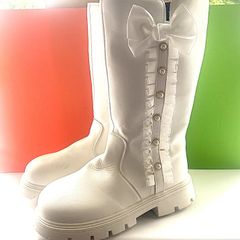 girls, White Bow Boots with Buttons