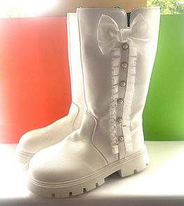 girls, White Bow Boots with Buttons