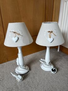 Pair of Shabby Chic White Bedside Table Lamps with Heart Detail