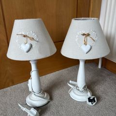 Pair of Shabby Chic White Bedside Table Lamps with Heart Detail