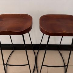 Pair of metal and solid wood bar stools