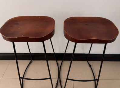 Pair of metal and solid wood bar stools