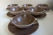 Set of Six Vintage MCM Poole Pottery Twintone Twin Handled Consomme Soup Bowls Plus Matching Underplates, All in Colourway C54, Sepia and Mushroom, Streamline Shape, Circa 1952 - 1970s