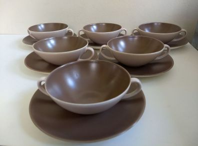 Set of Six Vintage MCM Poole Pottery Twintone Twin Handled Consomme Soup Bowls Plus Matching Underplates, All in Colourway C54, Sepia and Mushroom, Streamline Shape, Circa 1952 - 1970s