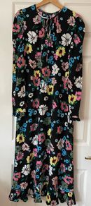 M&S Collection Womens Black Floral Viscose Midi Tea Dress-  Size 12