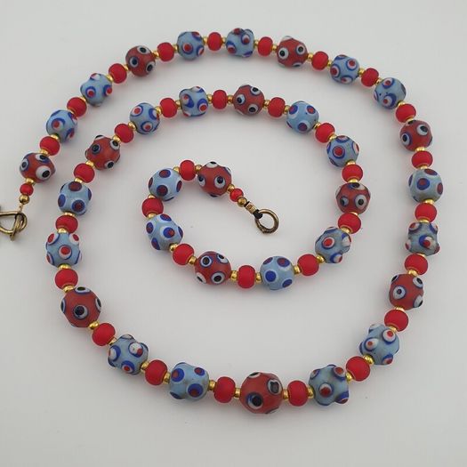 Antique Venetian Style Blue Skunk Eyes & Red Venetian WhiteHeart Glass Beads Necklace