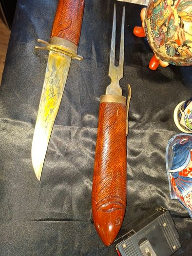 Mid-Century Indian Carved Rosewood Fish Knife & Fork Set - 2 Piece Vintage, Postage available or Collection