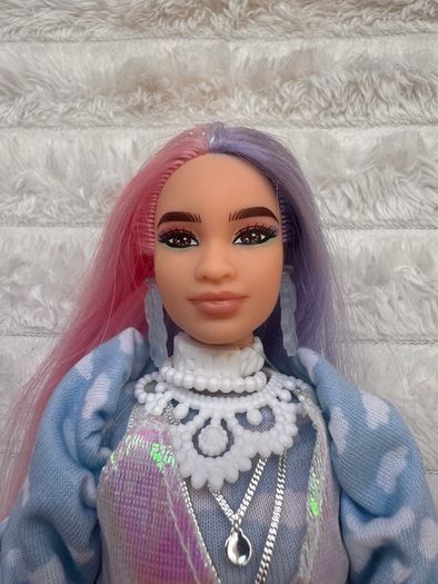Barbie Extra #2 Curvy Asian Articulated doll Pink Purple Long Hair Used Please see photos