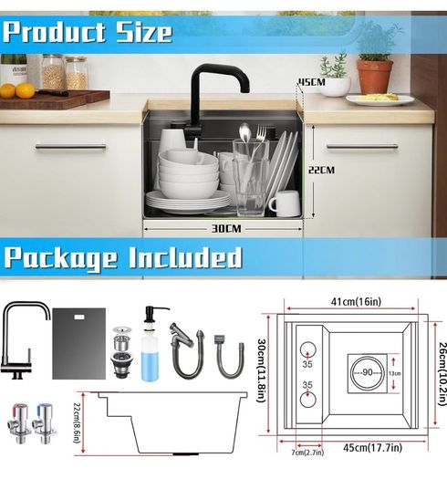 Hidden Concealed Kitchen Bar Sink with Folding Faucet, Hidden Stainless Steel Undermount Workstation Bar Sink for Small Prep RV (Black, 30x45x22CM)