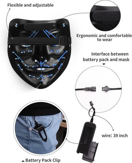 Scary LED Halloween Mask, Light up Mask Cosplay, LED Rave Face Mask Costume 3 Lighting Modes, Halloween Face Masks for Men Women Kids