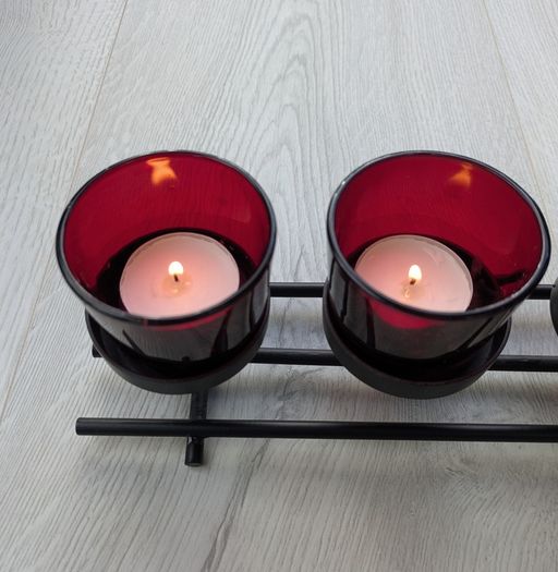 Six Red votive candle holder glass and black wrought iron
