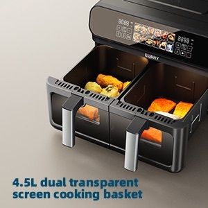 EUARY dual basket  Air Fryer 9L Oil Free 2 Compartments XXL 2800 W Large Capacity, 2 Air Fryer Bins, 12 Cooking Programs, Touch Screen, Appointment Function