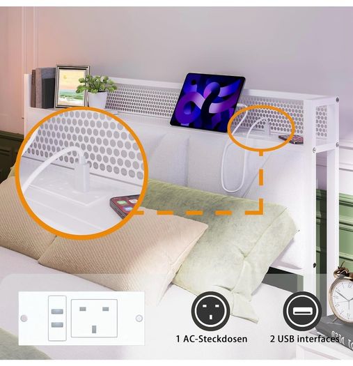 Floating Double Bed Frame with Upholstered Headboard Storage, White 135x190cm Metal Bed Frame with LED Lights & USB Charging Station, 4ft6 Platform Bed, Heavy Duty Metal Slats, Noise Free