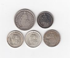 Switzerland, 5 x 83.5% Silver Coins, (No: 409)
