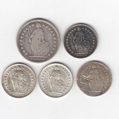 Switzerland, 5 x 83.5% Silver Coins, (No: 409)