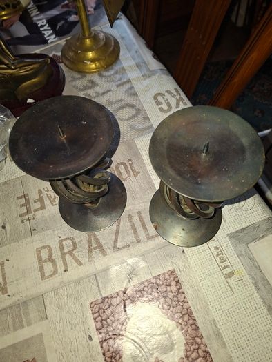 A Pair of Vintage twisted Wrought Iron Spiral Candlesticks with a Central Pillar Spike, Postage available or Collection