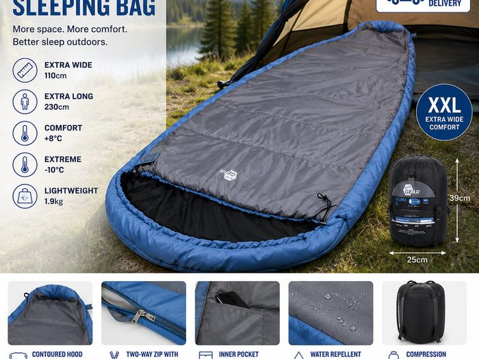 XXL  Camping Sleeping Bag  Extreme Wide Ellipse Sleeping Bag 230x110cm Blue Grey