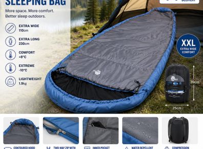 XXL  Camping Sleeping Bag  Extreme Wide Ellipse Sleeping Bag 230x110cm Blue Grey