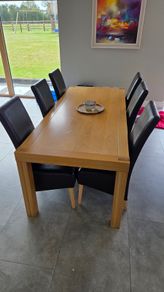 220cm Solid Oak Dining Table & 6 Dark Leather Chairs
