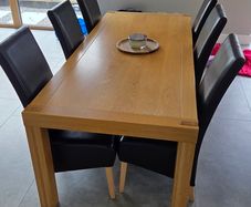 220cm Solid Oak Dining Table & 6 Dark Leather Chairs