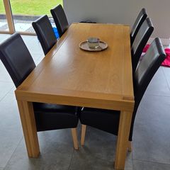 220cm Solid Oak Dining Table & 6 Dark Leather Chairs