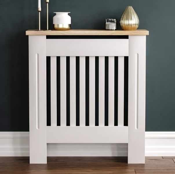 White Small Modern Shaker Style Vertical Slat Design For Optimal Heat Circulation - H83.3xW78xD19cm - Painted MDF Cabinet with Wood Top Shelf
