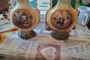 Pair of Art Nouveau Italian Glazed Ceramic Twin-Handled Vases, each with Scalloped Rim, Molded Scrolling Handles with Gilt Highlights Postage Available or Collection