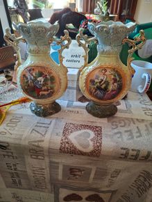 Pair of Art Nouveau Italian Glazed Ceramic Twin-Handled Vases, each with Scalloped Rim, Molded Scrolling Handles with Gilt Highlights Postage Available or Collection