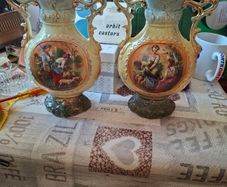 Pair of Art Nouveau Italian Glazed Ceramic Twin-Handled Vases, each with Scalloped Rim, Molded Scrolling Handles with Gilt Highlights Postage Available or Collection