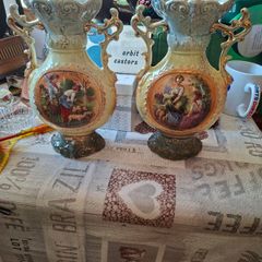 Pair of Art Nouveau Italian Glazed Ceramic Twin-Handled Vases, each with Scalloped Rim, Molded Scrolling Handles with Gilt Highlights Postage Available or Collection