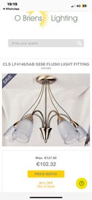Semi-flush antique brass ceiling light fitting with 5 frosted glass shades.