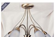 Semi-flush antique brass ceiling light fitting with 5 frosted glass shades.