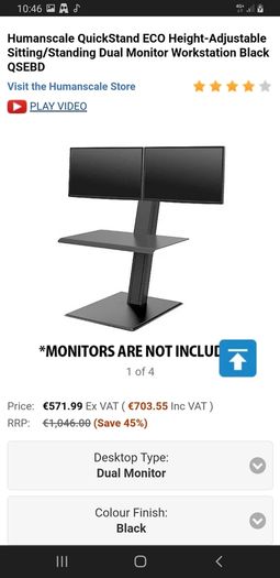 Humanscale Sit Stand Desk Height Adjustable Dual Monitor Workstation Black