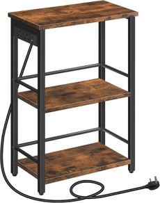 Narrow Side Table with Charging Station, 3-Tier End Table for Small Spaces, Sofa Table with Storage Shelf, for Living Room, Foyer, Bedroom, Office, Rustic Brown and Black