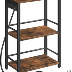 Narrow Side Table with Charging Station, 3-Tier End Table for Small Spaces, Sofa Table with Storage Shelf, for Living Room, Foyer, Bedroom, Office, Rustic Brown and Black