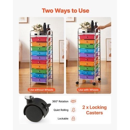 Rolling Cart with Drawers, 10 Drawer Storage Organizer, Mobile Utility Cart with Steel Frame, Universal Casters & 2 Brakes, Great for Office, Classroom, Craft Tools, Garage, Studio, Rainbow