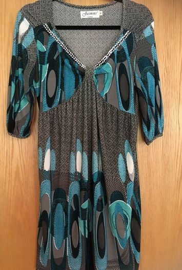 JASMINE LONDON Retro Print Dress   Teal Empire Style Top