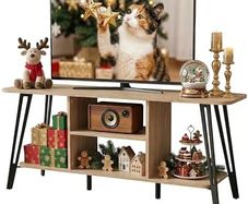 TV Unit for Living Room - 120cm Wooden TV Stand Cabinet with Open Shelves, Rounded Edges & Metal Legs, Modern Media Console TV Bench
