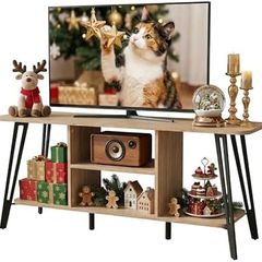 TV Unit for Living Room - 120cm Wooden TV Stand Cabinet with Open Shelves, Rounded Edges & Metal Legs, Modern Media Console TV Bench