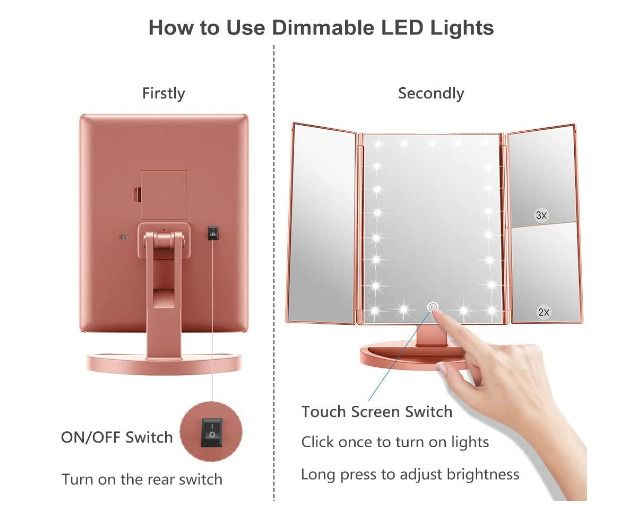 Illuminated Makeup Mirror, Trifold Vanity Mirror with 1X / 2X / 3X Magnification, Natural Looking LEDs, Touch Screen, Rechargeable Mirror