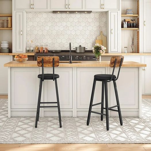 Bar Stools Set of 2, PU Upholstered Bar Chairs with Backrest and Footrest, Counter Height Stools, Ergonomic Design, for Dining Room, Kitchen, Cafe, Rustic Brown and Black