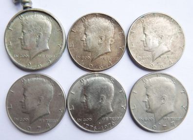 John Kennedy Silver half Dollars 1964-1964-1965-1974-1976-1977