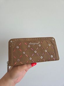 Desigual Brown Studded Cutout Zip-Around Purse Wallet