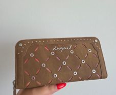 Desigual Brown Studded Cutout Zip-Around Purse Wallet